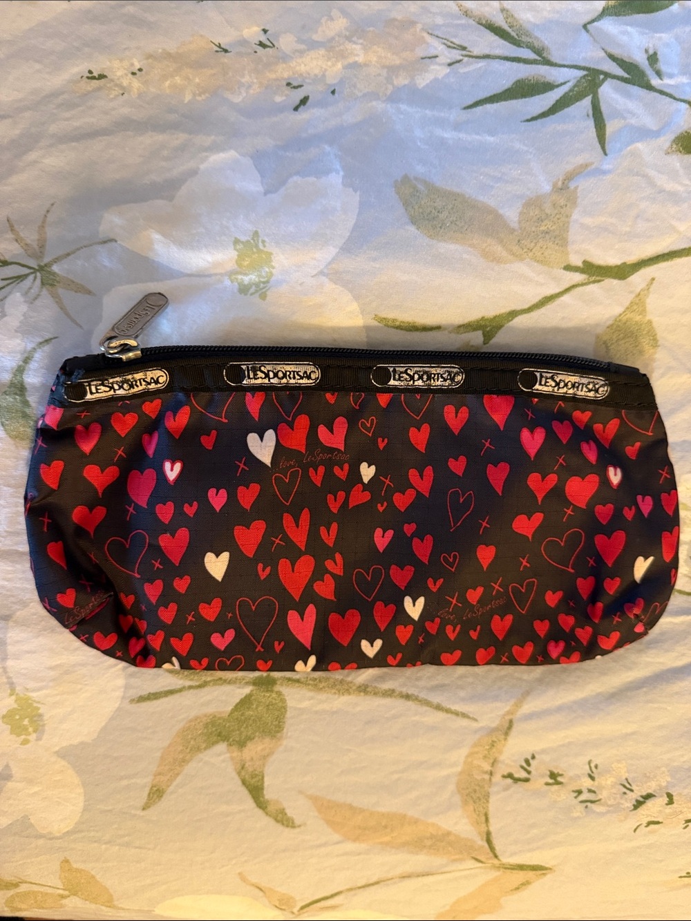 Lesportsac Black Nylon Cosmetic Pouch with Red and Pink Heart Print